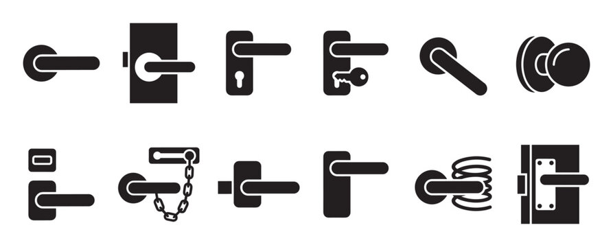 Various black door handle and knob icons are neatly arranged in a grid, showcasing different lock mechanisms and styles