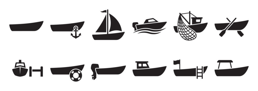 Collection of various simple black boat icons, including sailboats, fishing boats, and rowboats, presented in a clean, graphic style