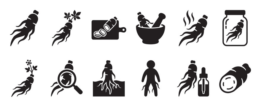 Collection of black silhouette ginseng root icons depicting various forms and uses of the medicinal herb