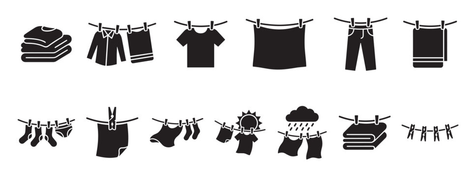 Various black laundry icons illustrating different clothing items drying on a line and folded, presented in a clean, graphic style