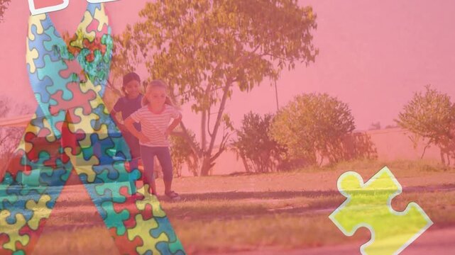 Animation of puzzle pieces with ribbon icon over diverse schoolchildren