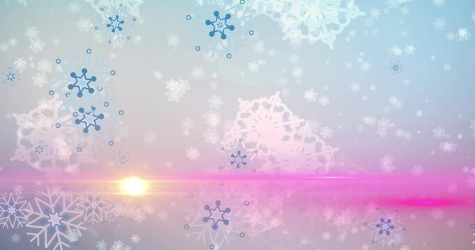 Animation of glowing light over christmas snowflakes falling