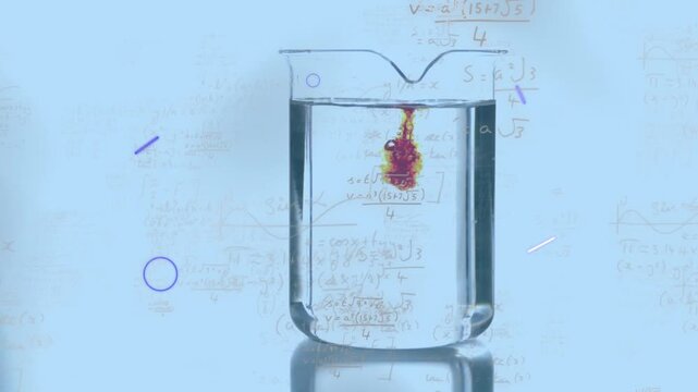 Animation of eye, equations, lines over orange liquid falling in beaker filled with water