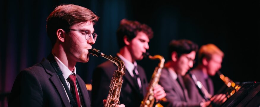 the jazz band jamming on stage at a nighttime gig