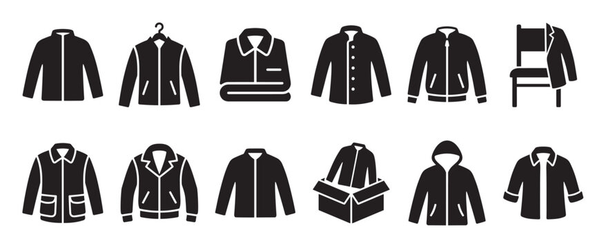 Collection of various black jacket and coat icons, showcasing different styles and presentations in a simple, graphic illustration