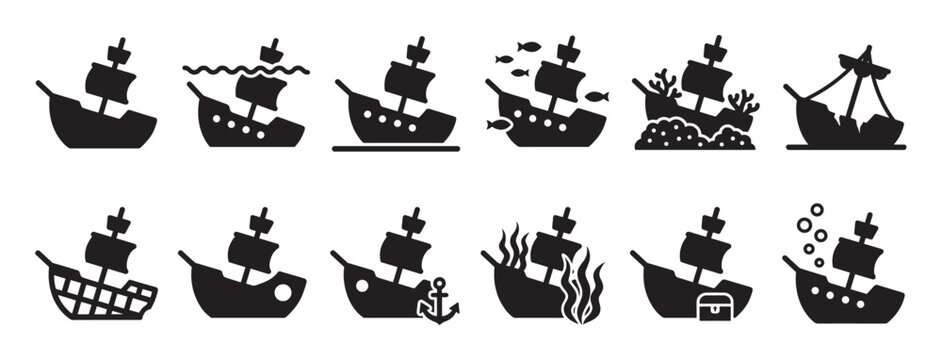 Collection of black silhouette shipwreck icons depicting various stages of sinking and underwater scenes in a graphic style