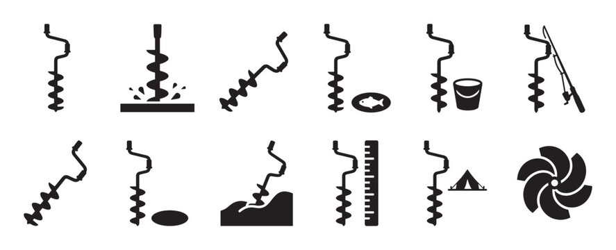 Various black silhouette ice auger icons illustrate different aspects of winter fishing and outdoor activities in a clean, graphic style