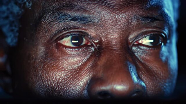 man face close-up with digital light reflections from PC screen, showing data analysis process, focused work, interaction technology, highlighting modern digital environment and professional workflow