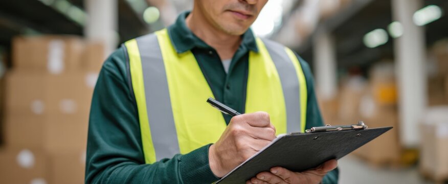 Focused worker signing delivery paperwork on a sturdy clipboard in a bustling warehouse.