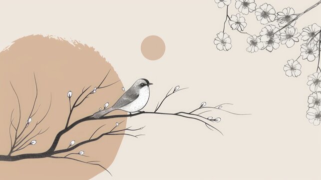 Minimal Composition Featuring a Bird on a Branch with Blossoms and Soft Background