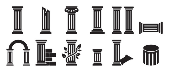 Fototapeta premium Various black silhouette column icons are arranged in rows, showcasing different architectural styles and conditions, from intact to broken