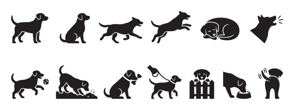 Comprehensive collection of black dog silhouette icons depicting various poses and activities in a clean graphic style
