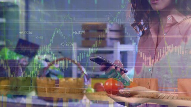 Animation of financial data processing over caucasian woman buying fresh fruits at a grocery store