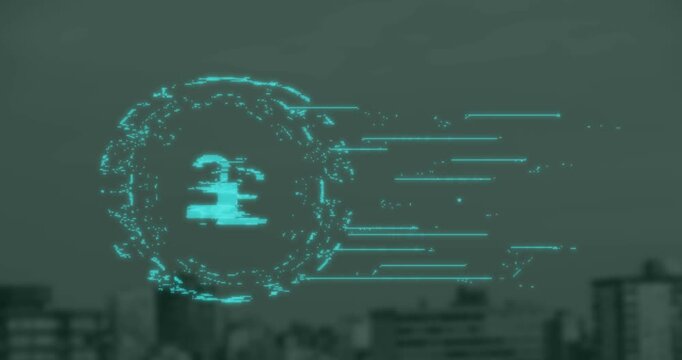 Animation of security padlock icon against aerial view of tall buildings