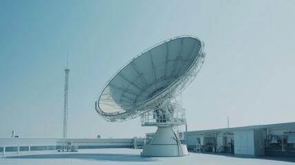 Obraz premium Large parabolic rooftop antenna transmitting and receiving signals against a clear sky, symbolizing global communications, data transmission, and advanced telecommunications technology
