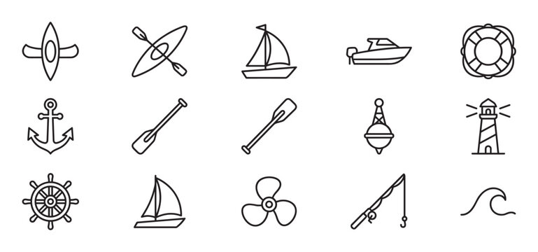 Collection of fifteen black outline nautical and marine icons, including boats, anchors, and a lighthouse, presented in a clean, minimalist style