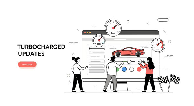 Team at work on car app with fast red auto and speed dial tech tool