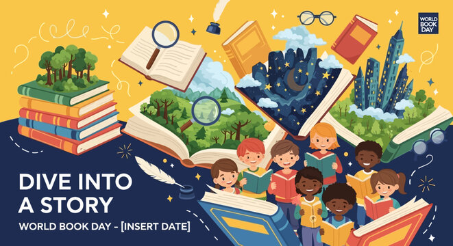 'Dive Into a Story' Concept with Open Book Revealing Cityscape, Space, and Diverse Children Reading for World Book Day