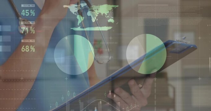 Animation of infographic interface over midsection of caucasian female doctor writing on clipboard