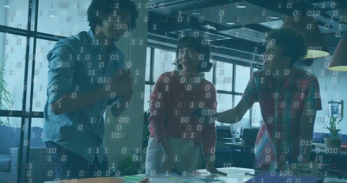 Animation of binary coding, financial data processing over business people working in office