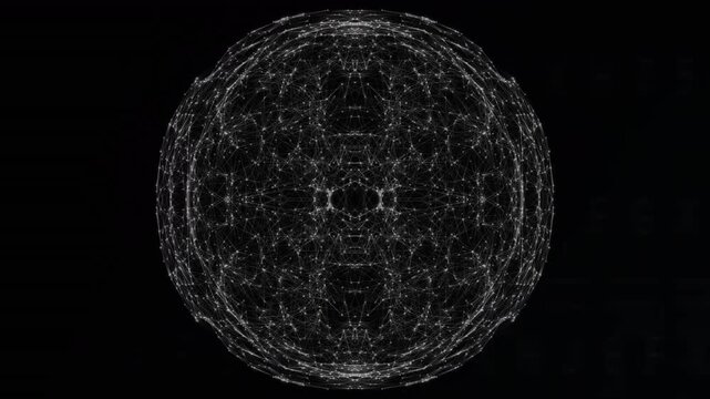 Animation of connected dots with lines forming globe and abstract shapes on black background