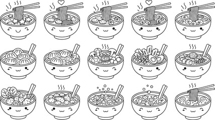 Colorful vector illustration of cute noodle bowls symbolizing joy, culture, and culinary creativity © MSTSORIFA