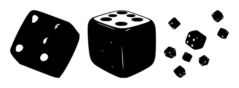 Dice set with black silhouette on white background featuring dice, black and white, gaming with probability and strategy