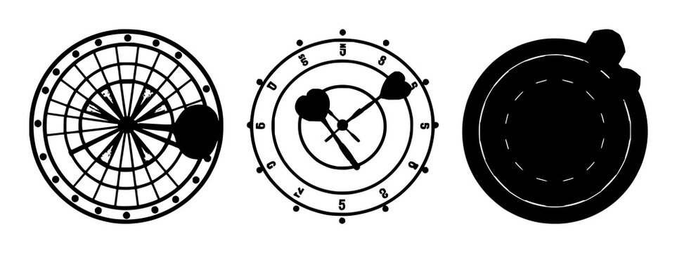 Dart and dartboard set with black silhouette and simple graphic design featuring aiming, target, accuracy with game and leisure