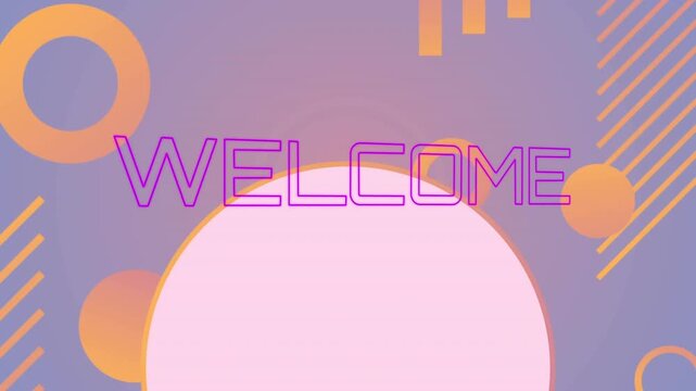 Animation of welcome text with circles, lines and bars over purple background