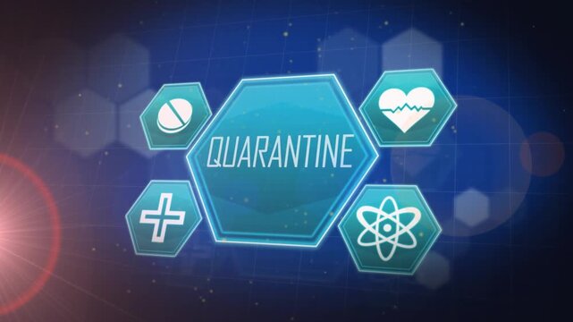 Animation of red light spot over medical icons and quarantine text against chemical structures