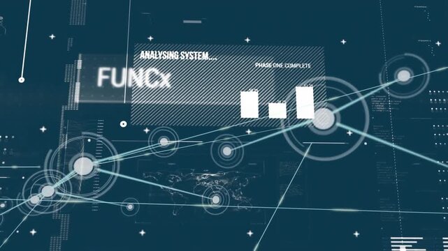 Animation of connected dots over multiple texts, maps, report, computer language on blue background