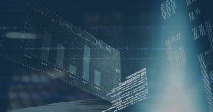 Animation of glitch effect and light spot over screens with data processing against blue background