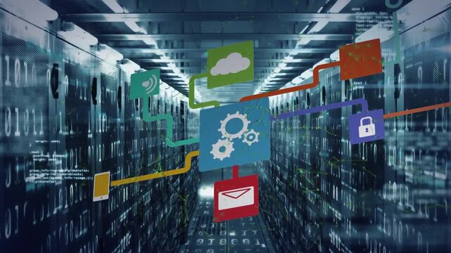 Animation of application icons forming flow chart, computer language, binary codes over server room