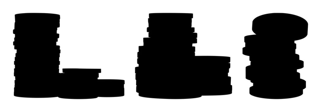 Coins set with black silhouette stack on white background featuring currency, silver, metallic with line art and negative space