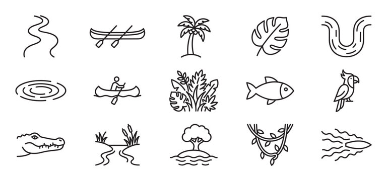 Collection of simple black outline icons representing various elements of a jungle or river ecosystem, depicted with clear lines