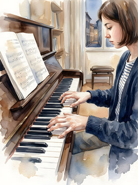 Young woman playing the piano in a sunlit room