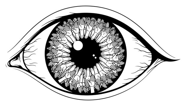 Human eye with iris made of many raised hands reaching inward in surreal line art style