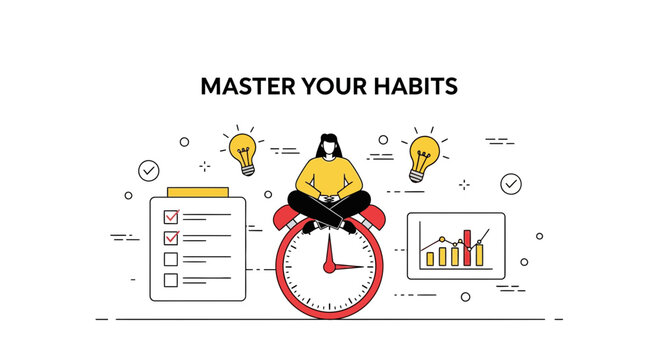 Habit master daily routine goal setting checklist time management idea woman clock data chart growth strategy