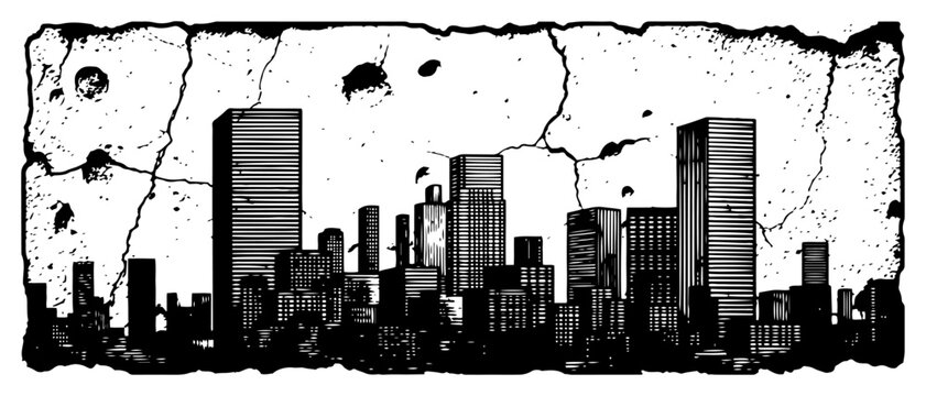 City skyline silhouette framed by cracked stone texture in vintage woodcut style