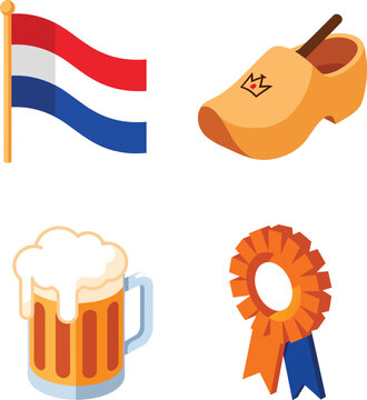 Traditional Netherlands Culture Icons with Flag Clog and Beer Mug