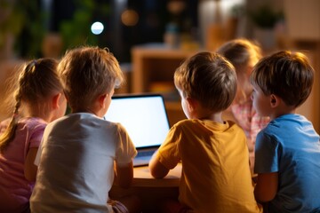 Cozy Indoor Learning Scene with Children Engaged in Activity Around a Laptop