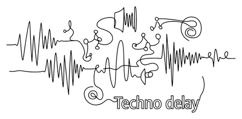 Obraz premium Abstract audio waves and techno delay text written in continuous line art style