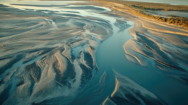 Winding water channels flowing through sand and mudflats create intricate abstract patterns during twilight, showcasing the beauty of natural erosion and landforms