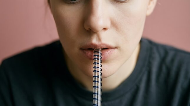 Close-up of a person holding a syringe in their mouth.