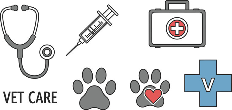 Veterinary medicine icons stethoscope syringe first aid paw prints cross