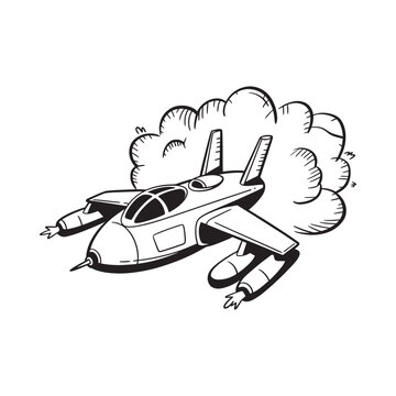 Black and white illustration of a futuristic spaceship soaring through clouds