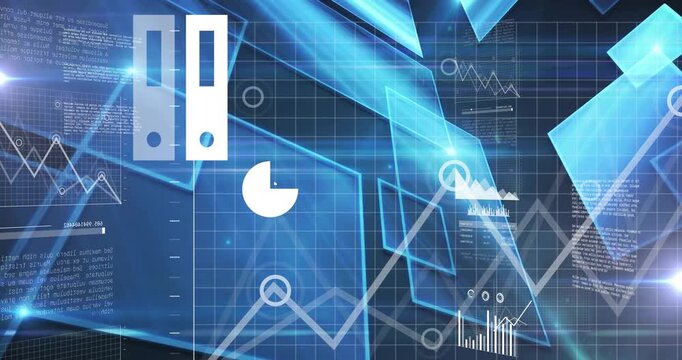 Pie chart and graphs animation over blue geometric shapes and digital data