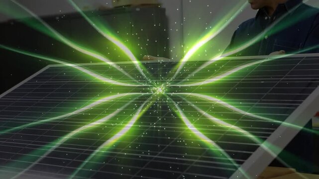 technician inspecting solar panel in energy lab, showcasing green energy waves and spark particles