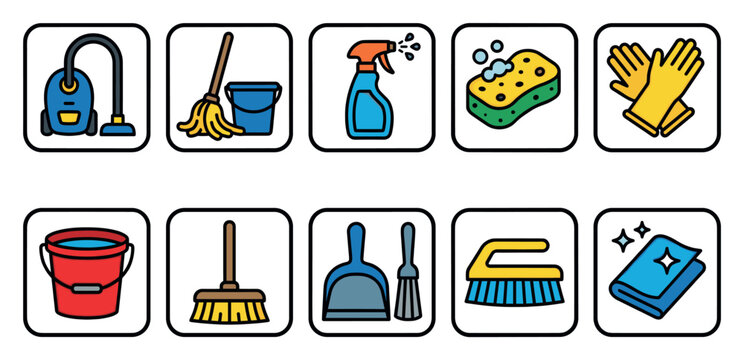 A clean and modern vector graphic featuring a collection of essential household cleaning tools and supplies, presented in a clear icon format.