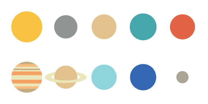 A simple, colorful vector illustration depicting planets of the solar system in a clean, minimalist style against a white background.